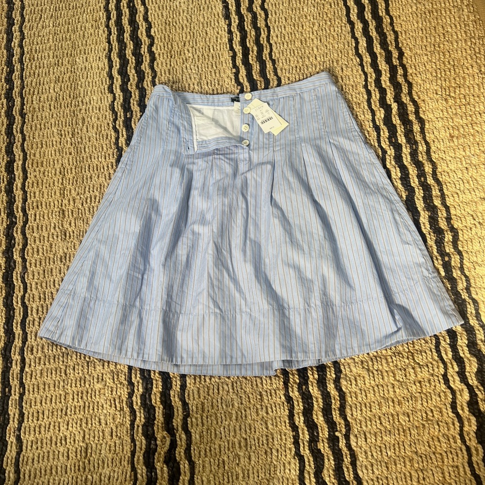 J.Crew women’s pinstripe pleated mini skirt. Button front, pleats and lining.